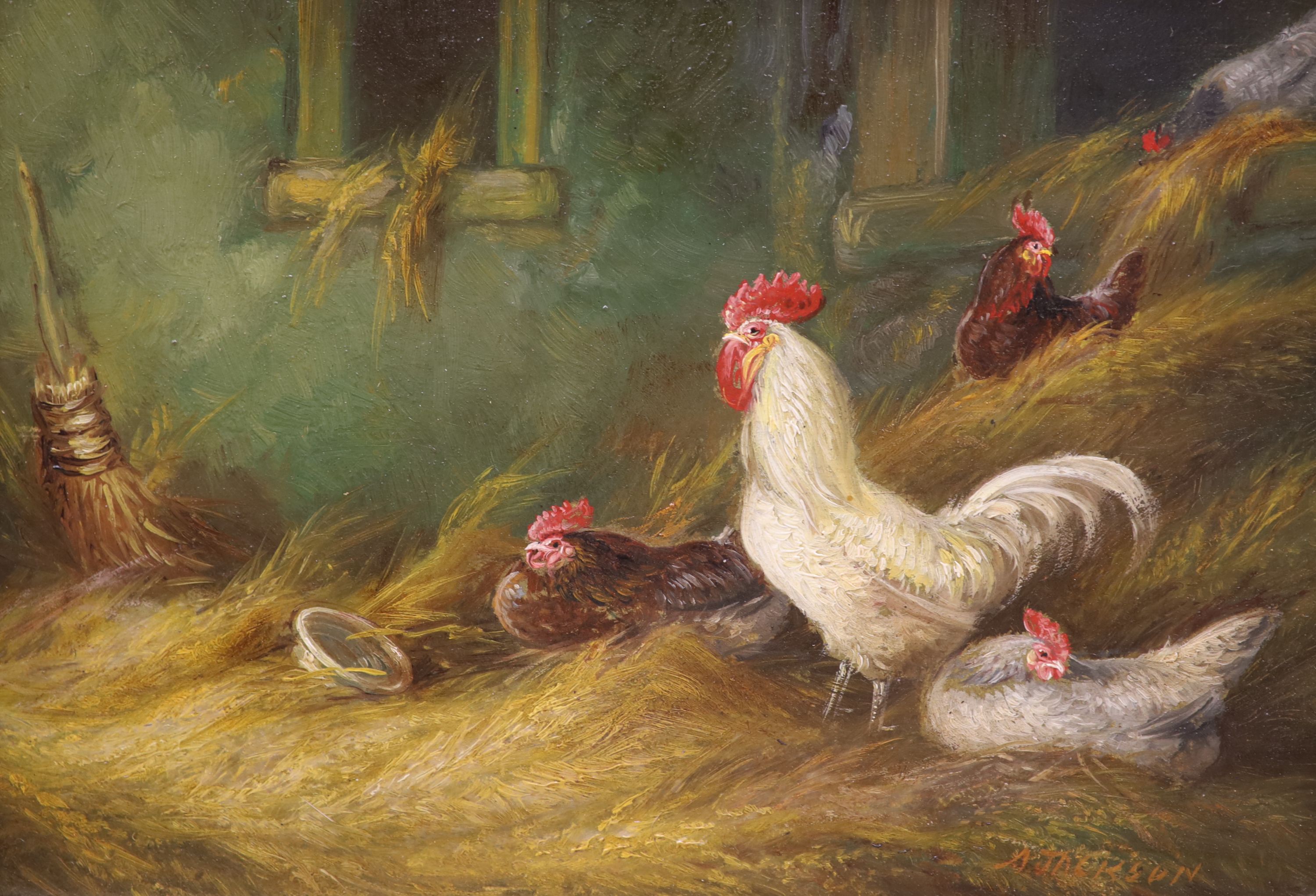 A. Jackson, pair of oils on boards, Studies of ducks and chickens, signed, 17 x 24cm